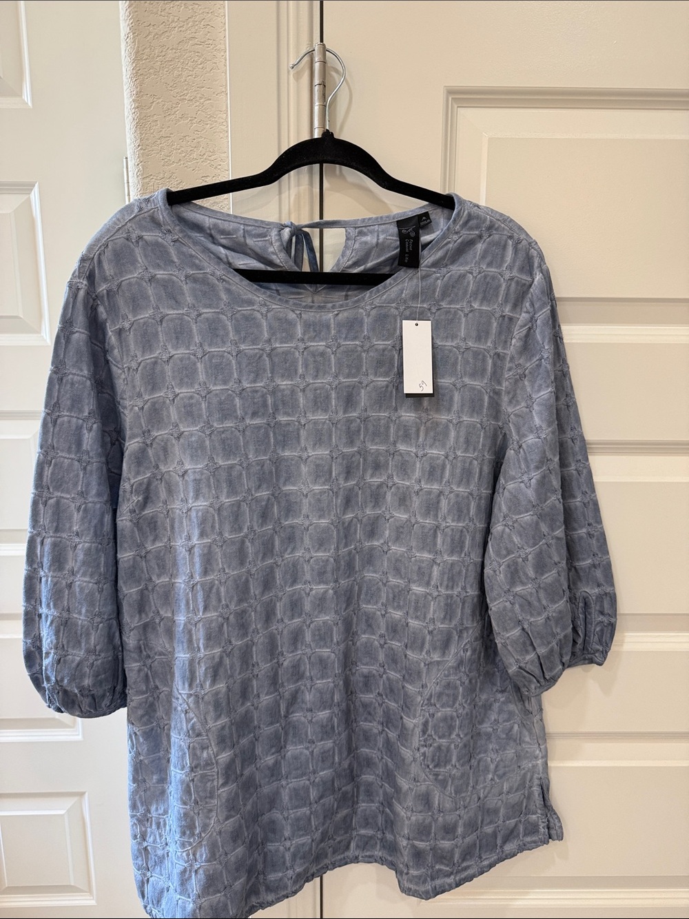 Focus Casual Life- Light Blue Textured Women's Top with Tie Back